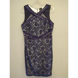 Melrose Social navy lace over white slip lining dress